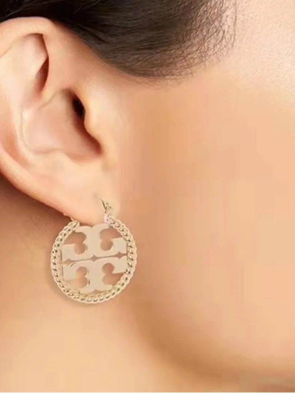 Tory Burch Gold Logo Rope-Edge Drop Earrings